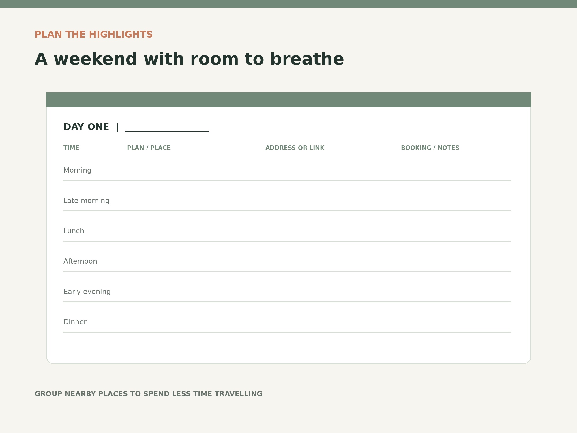Preview of the weekend itinerary planner page